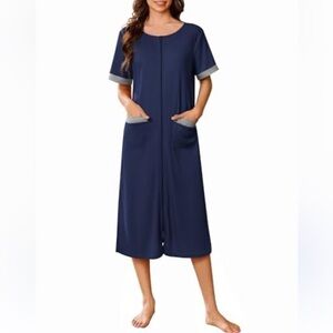 Ekouaer Navy Blue Zipper Robe Loungewear 3/4 Sleeve Sleep Dress NWT